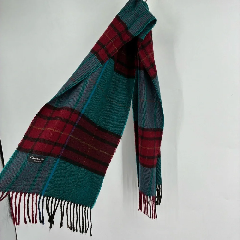 Vintage 90s Christian Dior Monsier Plaid Red Blue Fringe Long Scarf